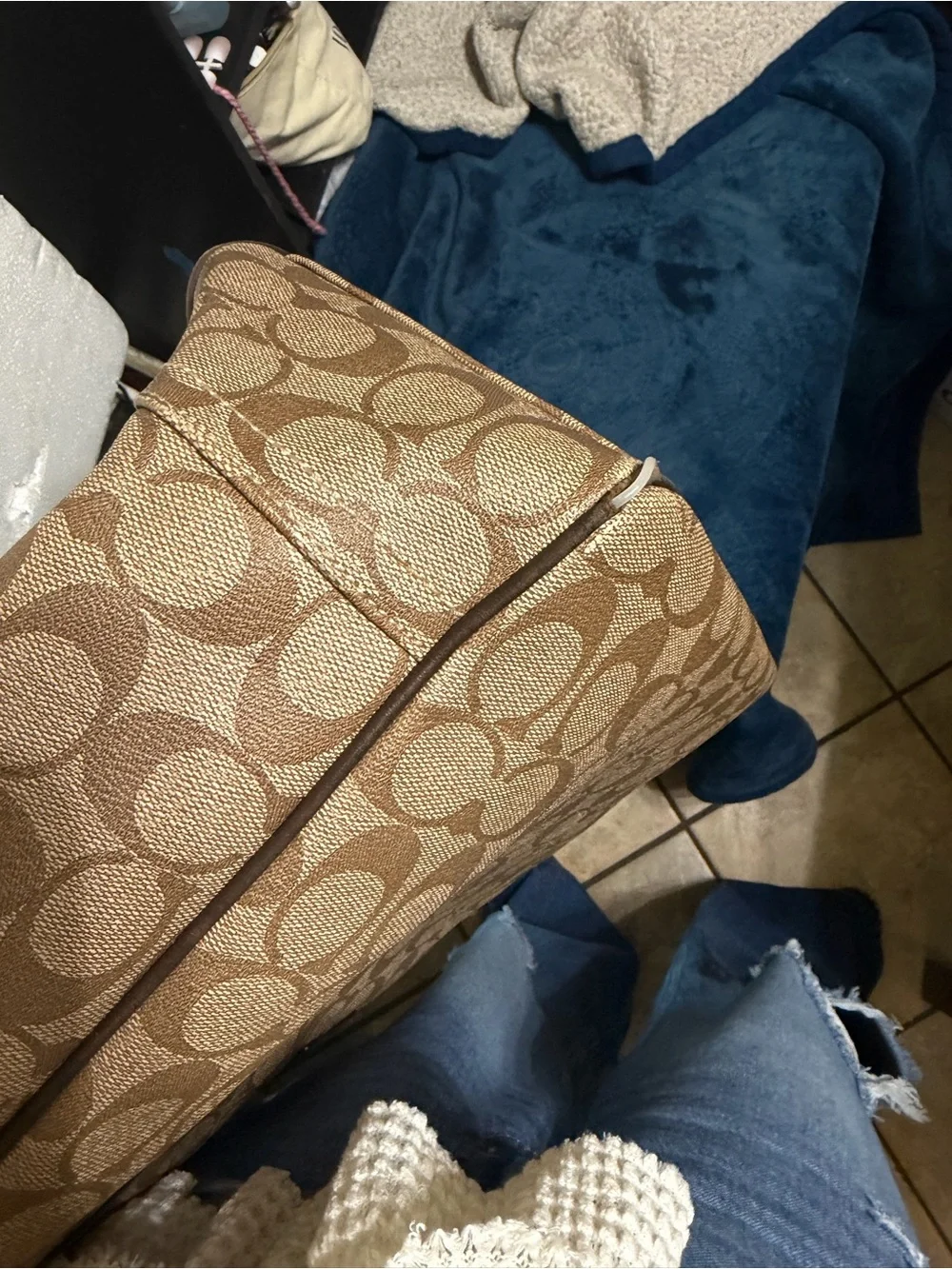 Coach Brown Signature Stripe Messenger Tote with Red & Navy Accents